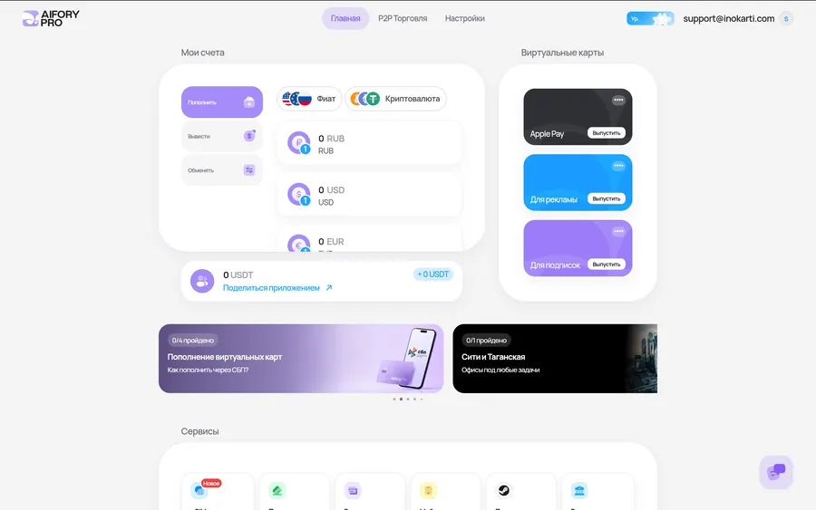Главный экран приложения Aifory Pro: рублёвый, долларовый и евро счета, баланс USDT и три виртуальные карты для выпуска