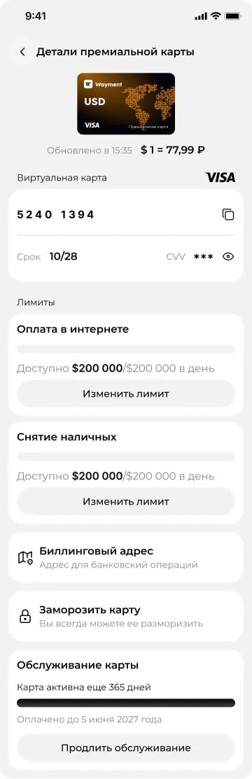 Премиальная виртуальная карта Wayment в приложении: лимиты, срок действия и обслуживание